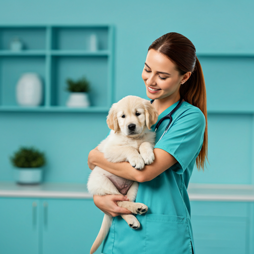 Veterinaria sonriente sosteniendo un cachorro golden retriever en una clínica moderna y luminosa
